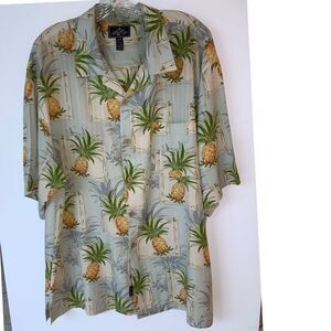 Large 100%‎ Silk Bermuda Bay Pineapple Print Button Up Short Sleeve Shirt - L/G